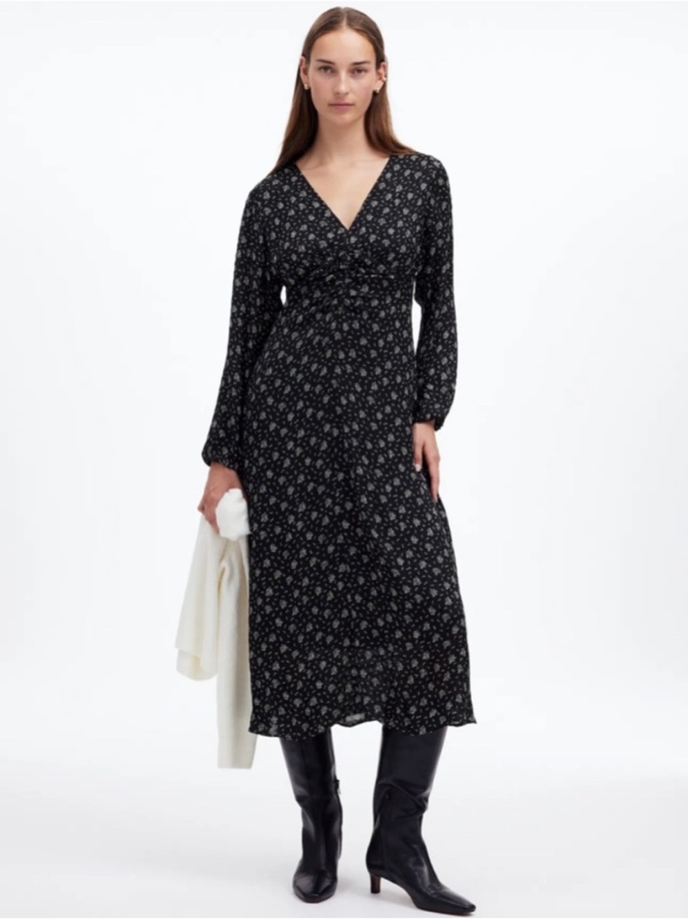 Madewell Long Sleeve V-Neck Black Floral Midi Dress